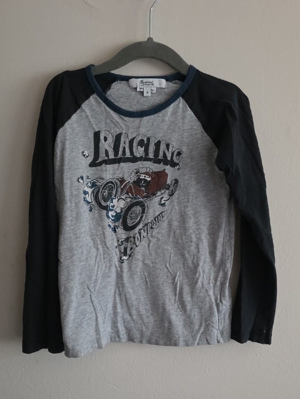 Bonpoint Gray & Black Racing Raglan Long-Sleeve Tee Size 4 Baseball